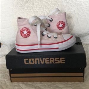 Converse high tops, pink, white, red. Toddler 5.
